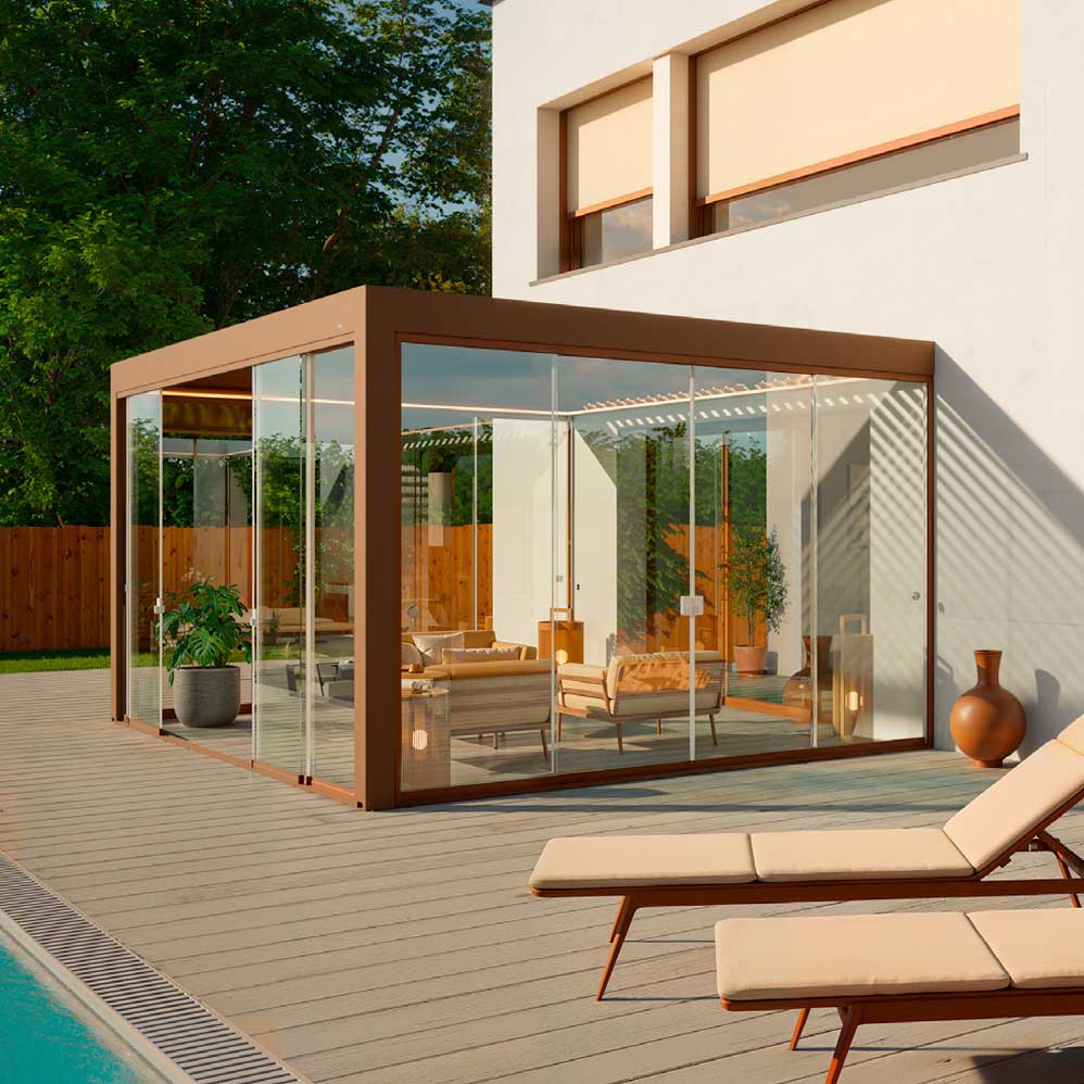 Sliding glass curtain pergola